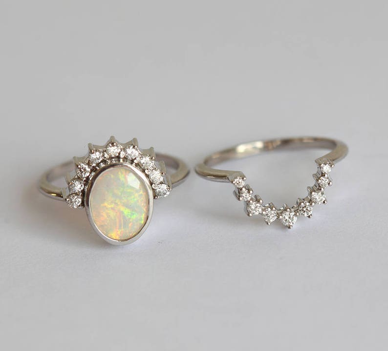 Australian Oval Opal and Diamond Ring Set, Australian Opal Diamond Engagement Ring Set image 4