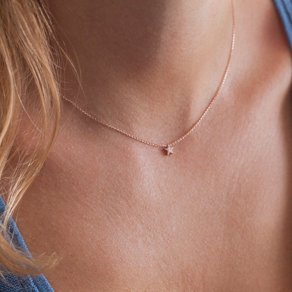 Small Star Necklace, 14k or 18k Solid Rose Gold Dainty and Delicate Chain with Petite 5mm Star Charm by MinimalVS