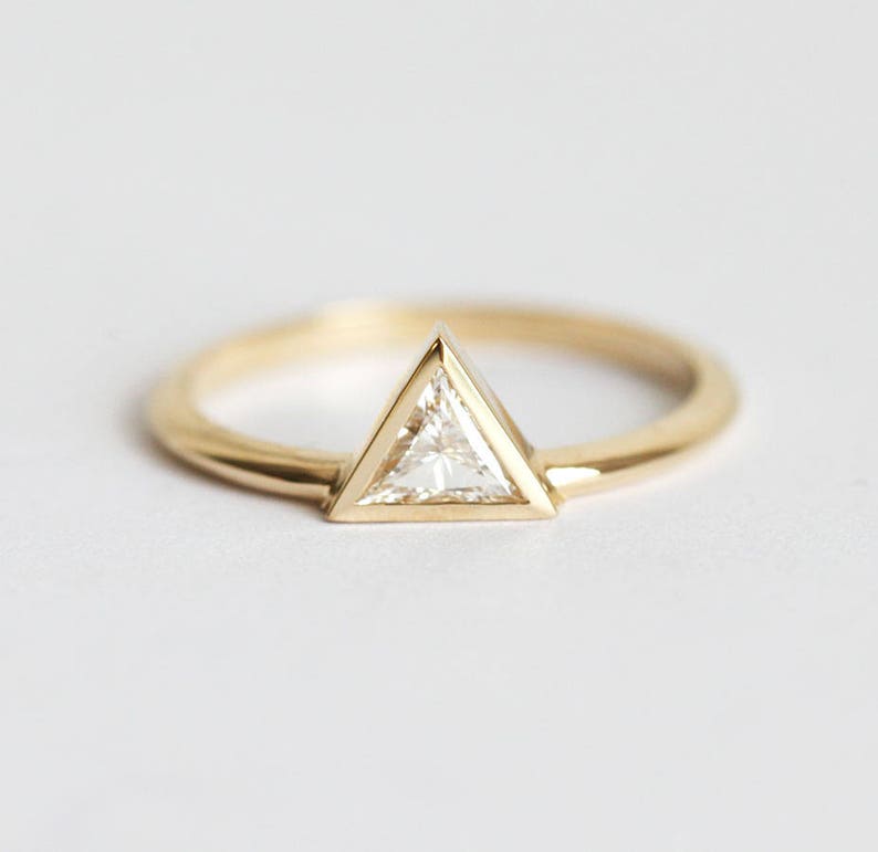 Yellow Gold Solitaire Diamond Engagement Ring, Triangle Diamond Ring, Trillion Ring, Modern Diamond Ring image 3