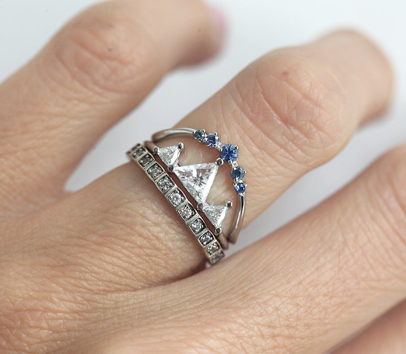 Unique Triangle Diamond Ring, Half Carat Diamond Mountain Ring with trillion diamonds, Three Stone Ring by Minimalvs image 8