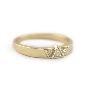 Modern Three Diamond Ring, Triangle Diamond Engagement Ring Yellow Gold, Unique Engagement Ring