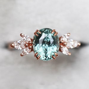 Sapphire engagement ring, Teal green sapphire ring, Mint gemstone & diamonds, Double claw prongs