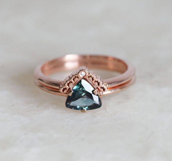 Trillion Sapphire Ring Set Rose Gold Ring, Gold Engagement Ring Set, Lace Crown, Bridal Set