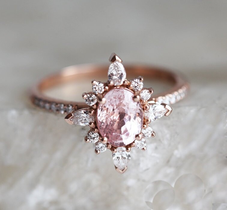 Oval Peach Pink Sapphire & Diamond Ring 14k or 18k Solid Gold | Etsy