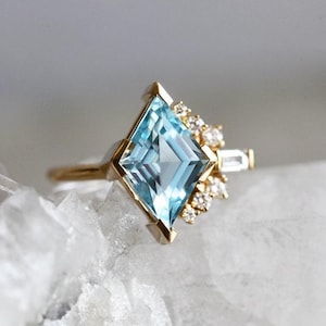 Aquamarine Diamond Ring, Modern Aquamarine Engagement Ring with Unique Rhombus Aquamarine, Asymmetrical Ring Yellow Rose gold