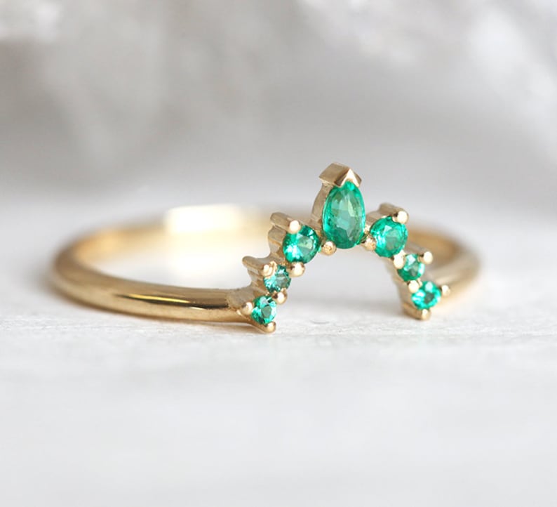 Wedding Ring With Emeralds Curved Emerald Wedding Band | Etsy
