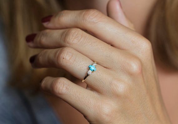 Turquoise Diamond Ring Three Stone Diamond Ring Oval Turquoise