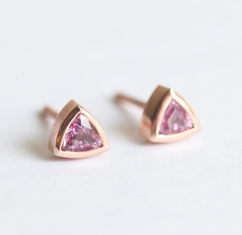 Triangle earrings Rose Gold, Pink Sapphire Earring Studs, Simple Everyday Earrings with sapphires image 1