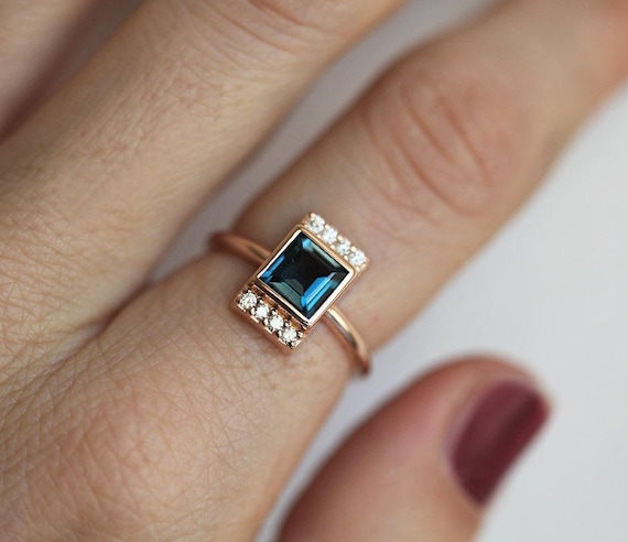 London Blue Topaz Diamond Engagement Ring, Modern Rose Gold Engagement Ring, 18k Rose Gold Diamond Statement Ring, Unique Engagement Ring