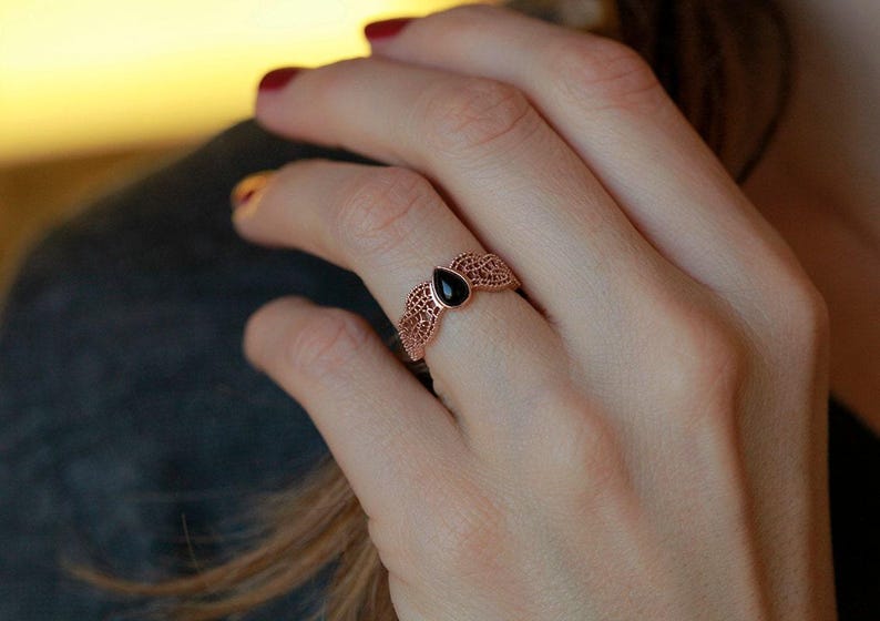 Black Spinel Ring, Gold Filigree Ring, Rose Gold Lace Ring, White Gold Engagement Ring, Non Diamond Ring, Vintage Ring, 14k Rose Gold image 3