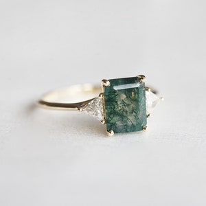 Emerald cut moss agate engagement ring, Three stone moss agate ring with side triangle diamonds image 3