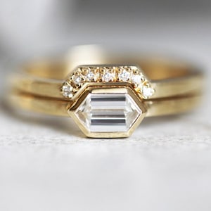 Hexagon Diamond Ring, Modern Diamond Ring Set, Hexagon Diamond Solitaire, 18k Gold Diamond Set, Geometric Diamond