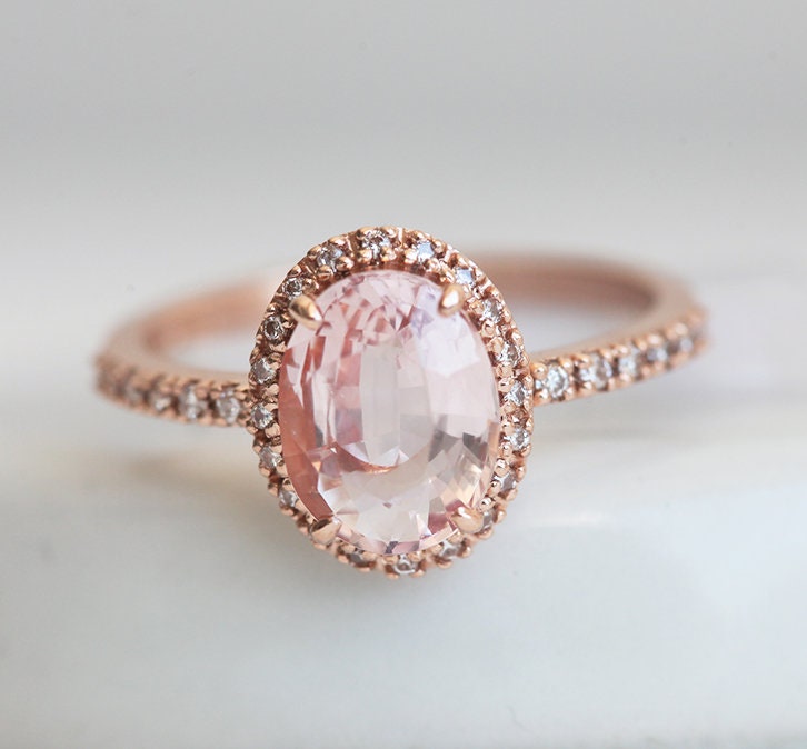 Oval Peach Sapphire Halo Diamond Ring Gold Oval Sapphire | Etsy