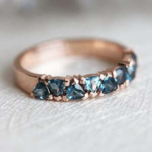 London Blue Topaz Ring, Teal Blue Wedding Band, Rose Gold Wedding Ring with London Blue Topaz, Unique Trillion Wedding Band image 8