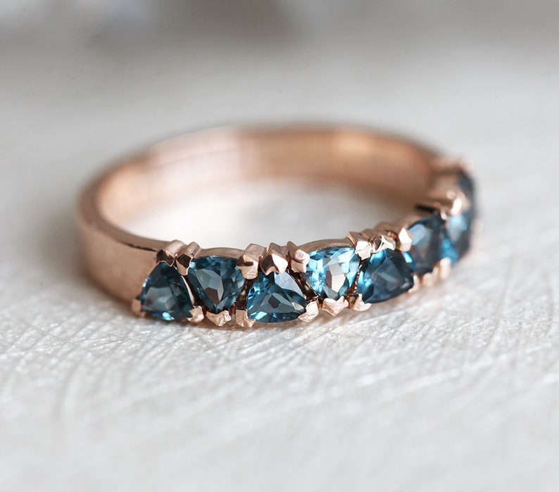 London Blue Topaz Ring, Teal Blue Wedding Band, Rose Gold Wedding Ring with London Blue Topaz, Unique Trillion Wedding Band image 8