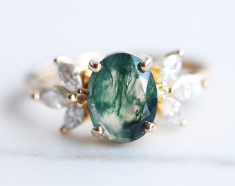 Oval moss agate ring, Unique engagement ring, Mossy agate and moissanite ring, Moss agate & diamond ring
