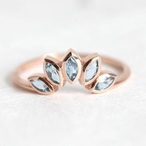 Blue Zircon Wedding Ring, Leaves Wedding Band Ring, Blue Wedding Ring, Rose Gold Wedding Ring