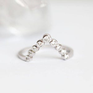 V shaped Diamond Wedding Ring with Bezel Set Diamonds, White Gold Wedding Band