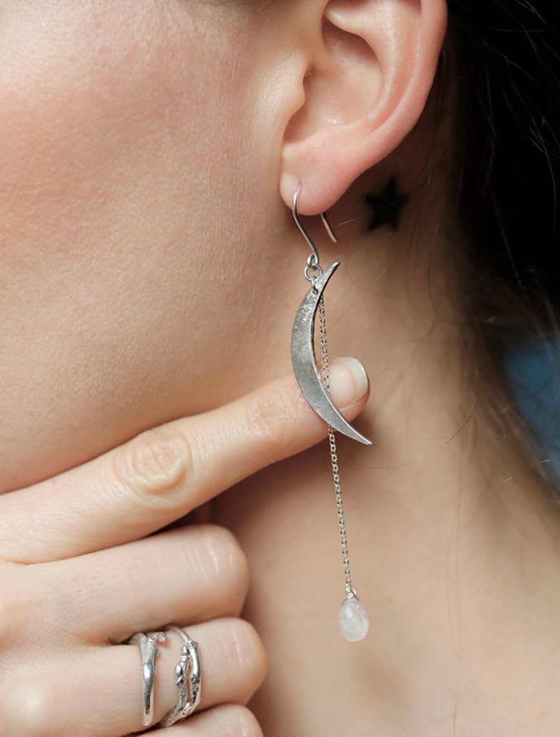 Dangle Moon Earrings, Sterling Silver or Gold Filled Crescents & Moonstone Drops image 5