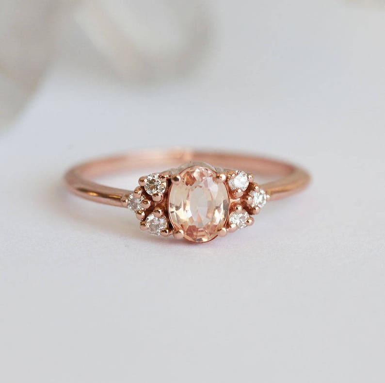 Oval Peach Sapphire Cluster Ring with side Diamonds Solid | Etsy