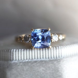 2ct Blue Sapphire Cushion Ring, Sapphire Engagement Ring with Salt Pepper Diamonds, Sapphire Diamond Engagement Ring, Blue Cushion Ring image 4