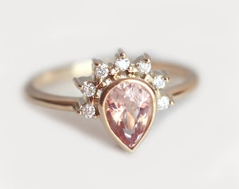 Bague en diamant Morganite, Bague de fiançailles taille poire avec Poire Morganite et Demi Halo Diamonds, 14k 18k