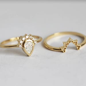 Pear Diamond Engagement Ring or Wedding Set with Lace Curved V Band, 18k Solid Gold or Platinum image 4