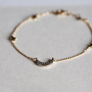 Diamond moon bracelet, Moon & star bracelet, Gold crescent bracelet, Pave diamond charm bracelet image 4