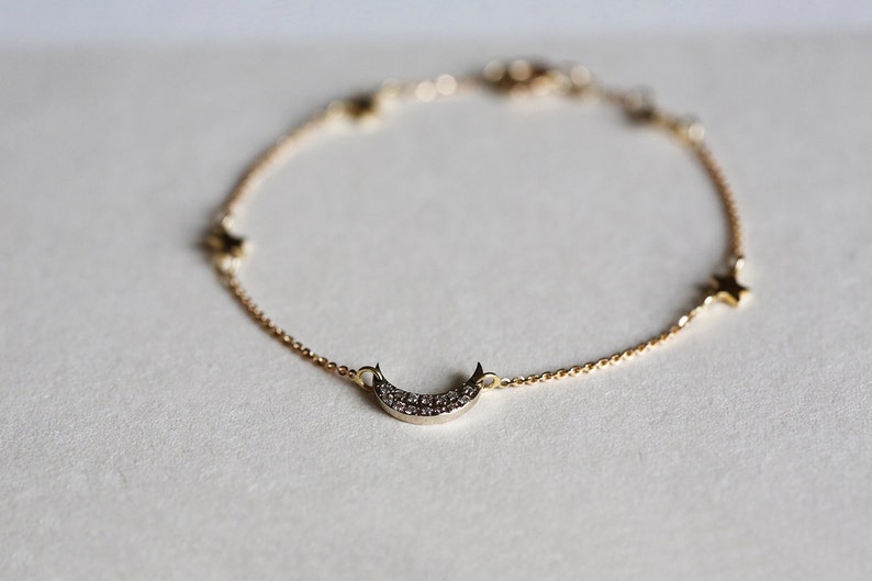 Diamond moon bracelet, Moon & star bracelet, Gold crescent bracelet, Pave diamond charm bracelet image 4