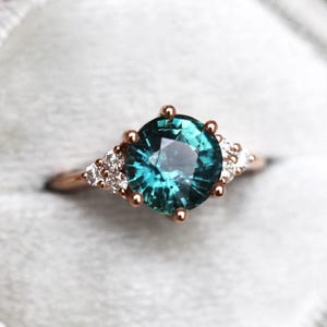 Teal sapphire & diamond engagement ring, Round blue green sapphire ring, Rose gold peacock sapphire ring