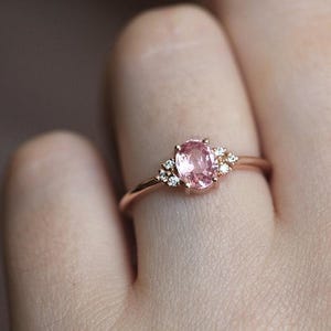 Delicate Rose Gold Peach Sapphire Ring, Pink Sapphire Diamond Ring, Rose Gold Engagement Ring