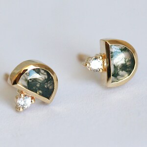 Moss Agate Earrings, Moss Agate Stud Earrings, Half Moon Earrings with Sapphires image 3