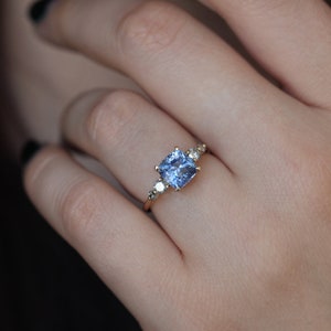 2ct Blue Sapphire Cushion Ring, Sapphire Engagement Ring with Salt Pepper Diamonds, Sapphire Diamond Engagement Ring, Blue Cushion Ring image 6