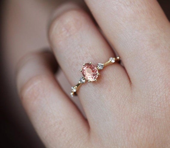 Delicate Rose Gold Peach Sapphire Ring Pink Sapphire Diamond 