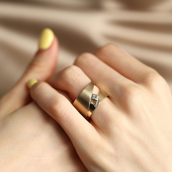 指輪・リング Combination Gold/Brass Square Wide Silver Cigar Band / Ring Wide Wedding Band, Modern Diamond Ring, Cigar Band Ring
