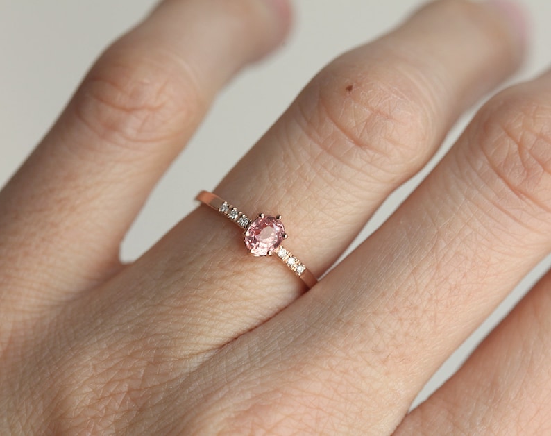 Rose Gold Diamond and Sapphire Ring with Oval Peach Sapphire, Sapphire Ring image 3