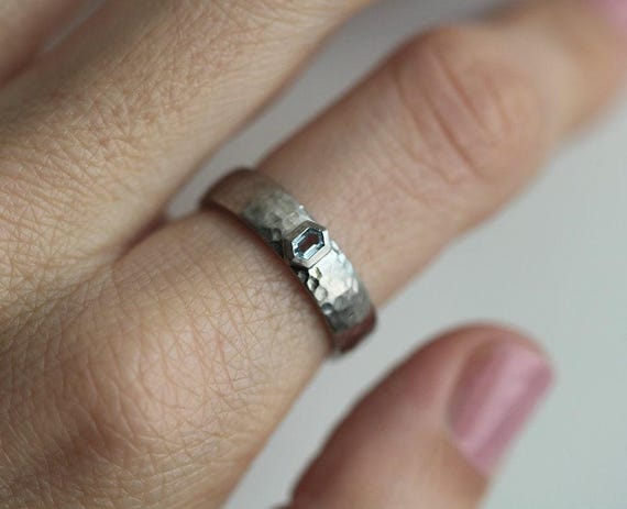 Alliance martelée pour homme avec aigue-marine, bague pour homme en or 14  carats, bague de mm de large, palladium, platine, bijoux