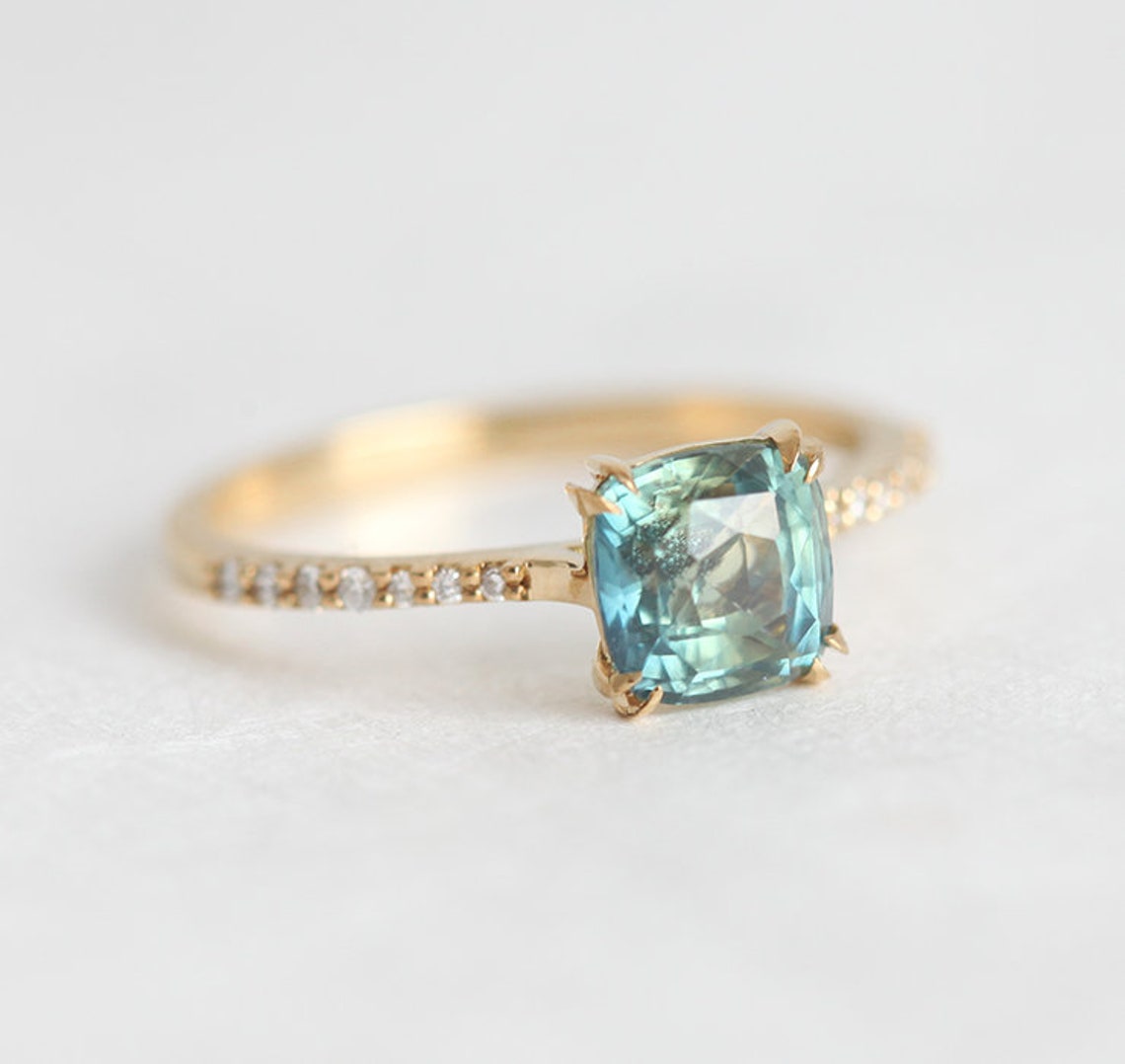 Teal sapphire engagement ring with 1.62ct Cushion cut blue Etsy