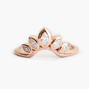 Rose Gold Diamond Wedding Band with Marquise Diamonds, Leaf Diamond Band, Floral Wedding Ring