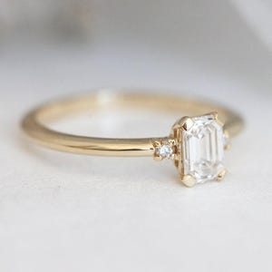 Diamond engagement ring, Emerald cut ring, Three stone ring, Simple gold ring, GIA diamond ring image 5