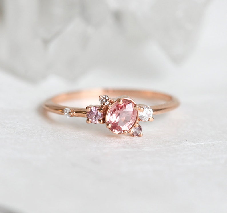 Peach Sapphire Engagement Ring Cluster Sapphire Diamond Ring Etsy