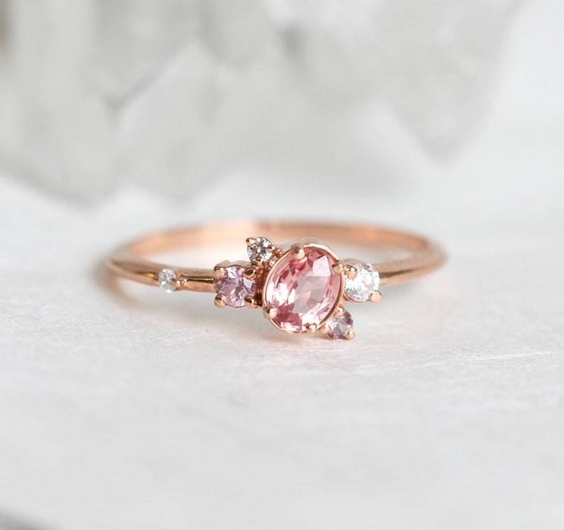 Peach Sapphire Engagement Ring Cluster Sapphire Diamond Ring - Etsy