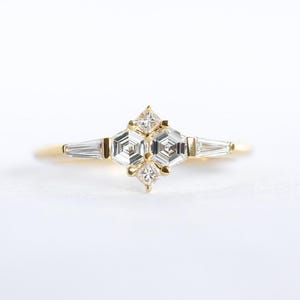 Diamond cluster ring, Hexagon diamond ring with side baguette diamonds image 5