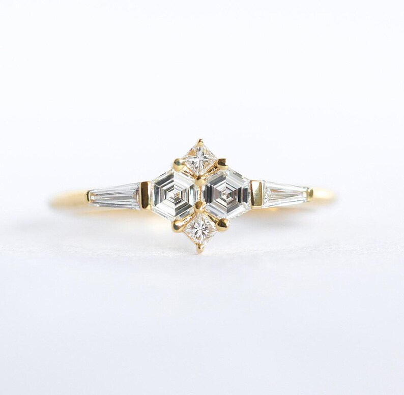 Diamond cluster ring, Hexagon diamond ring with side baguette diamonds image 5