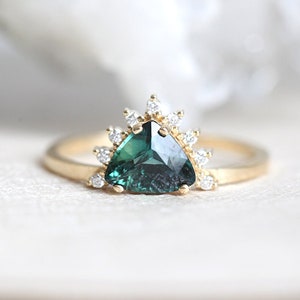 Trillion Teal Sapphire Engagement Ring With Diamond Crown - Etsy