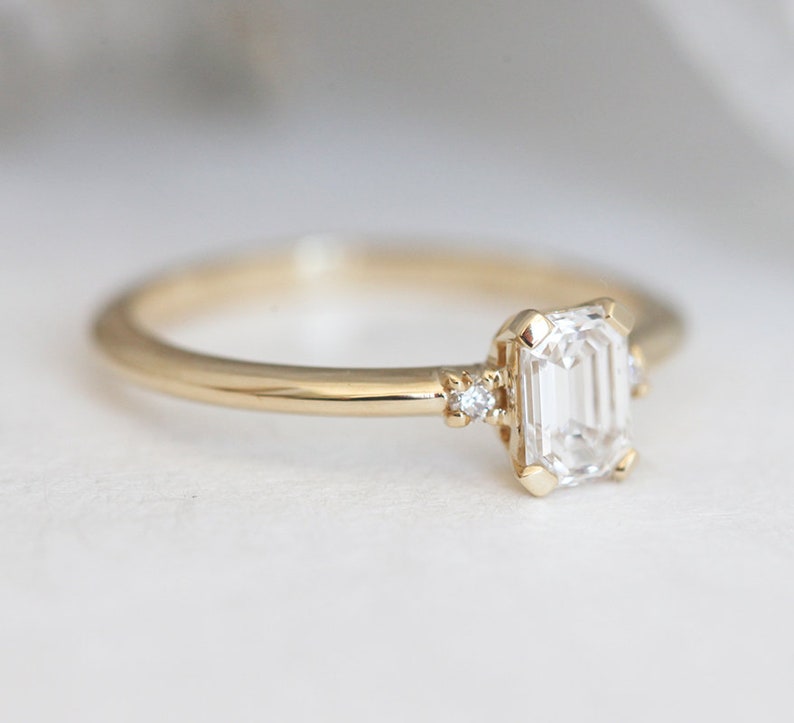 Diamond engagement ring, Emerald cut ring, Three stone ring, Simple gold ring, GIA diamond ring image 5
