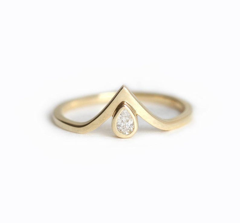 Pear engagement ring, Diamond ring, Small gemstone ring, Tiny v shaped wedding band image 7