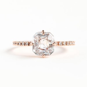 White Sapphire Ring Rose Gold, Radiant Cut Sapphire Diamond Ring, Classic Engagement Ring