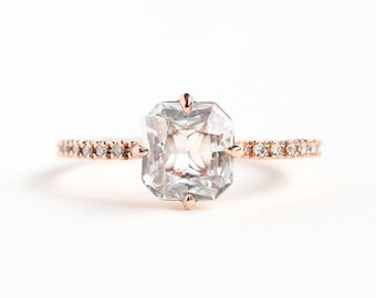 White Sapphire Ring Rose Gold, Radiant Cut Sapphire Diamond Ring, Classic Engagement Ring