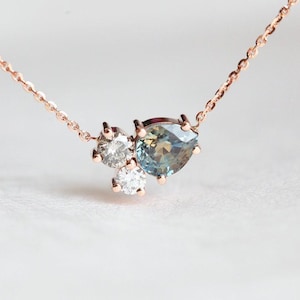 Bicolor Sapphire Cluster Necklace, 14k or 18k Solid Rose Gold Dainty Chain with Two Diamonds & Pear Shaped Sapphire